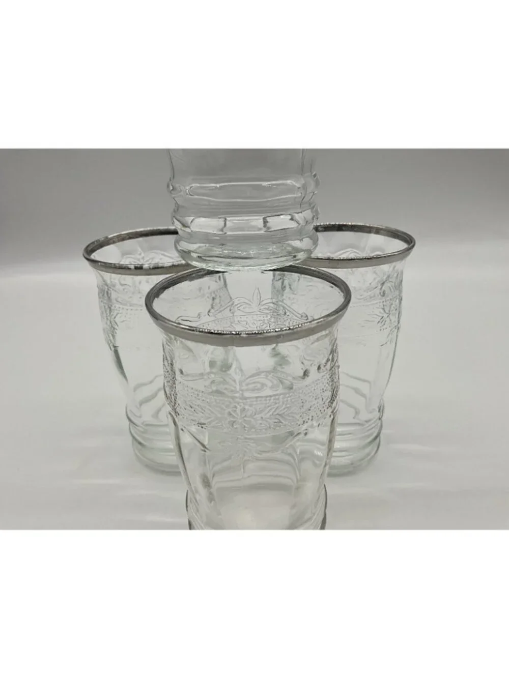 MacBeth -Evans Strippled Rose Band Clear Depression Glass Tumbler w/silver Rim